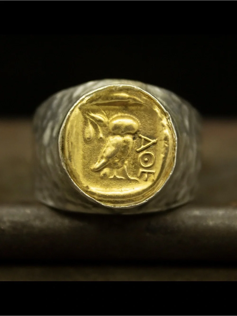 VINTAGE • Sterling Silver Hammered Signet Ring Owl AOE of the Athenian